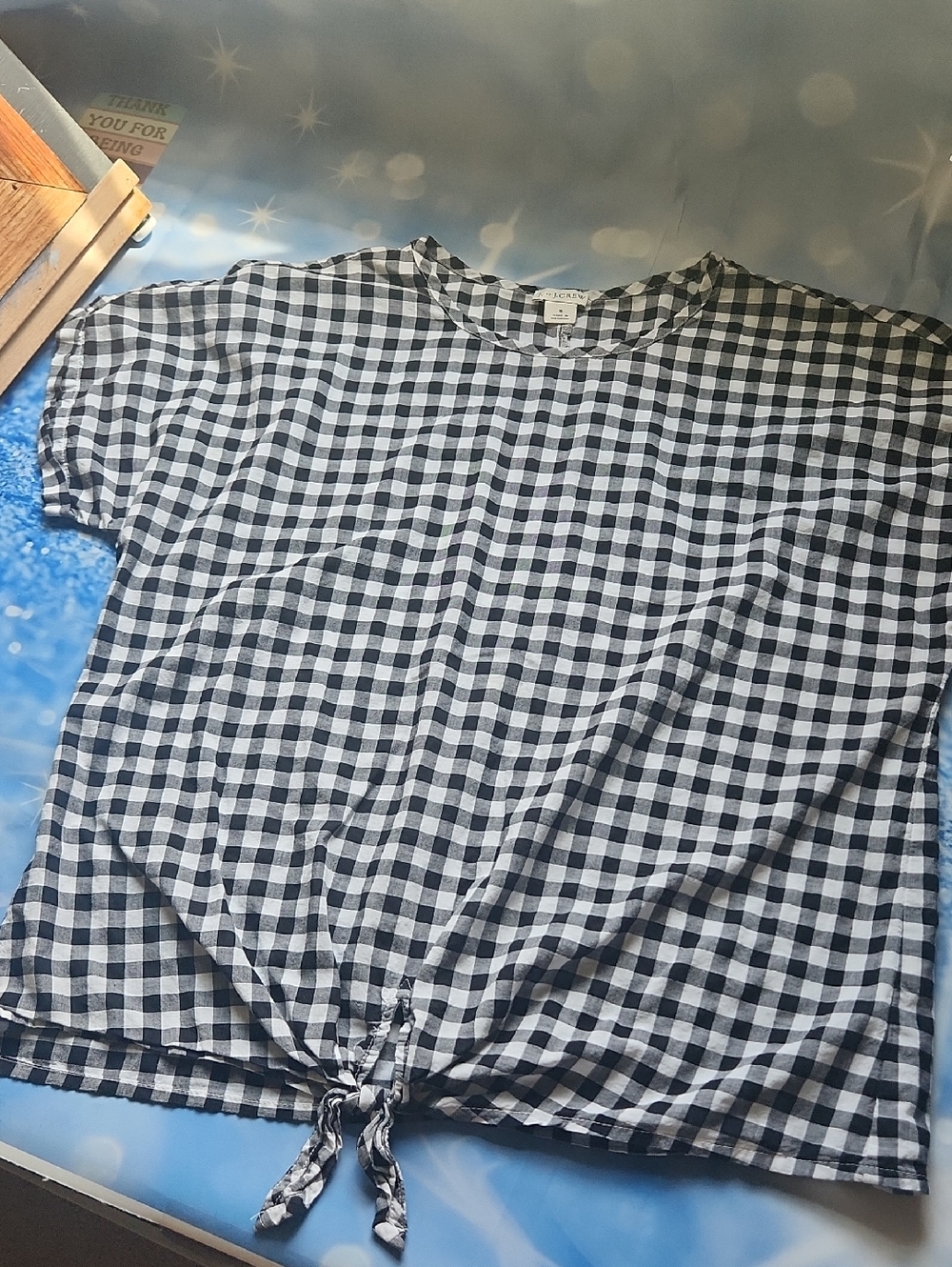 J. Crew Black & White Gingham Tie-Hem Short Sleeve Top